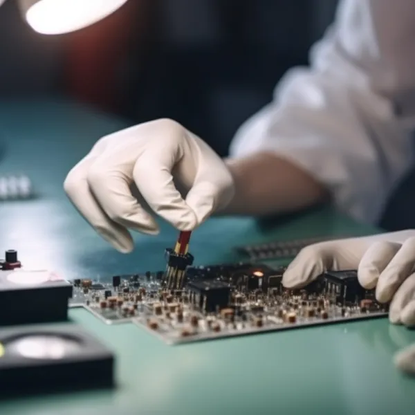 Tecnico con guanti protettivi esegue operazioni di assemblaggio elettronico su una scheda sotto luce da banco.